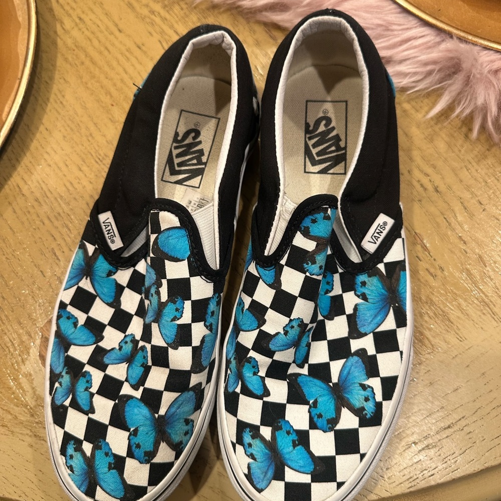 Vans Black and White Checkerboard with Blue Butterflies